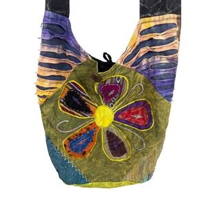 Boho Patchwork Flower Peace Sign Hobo Bag Crossbody Festival Multi Color